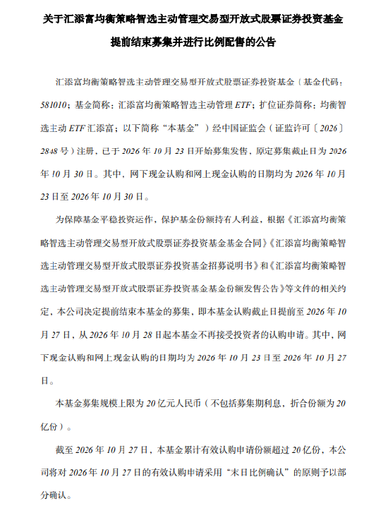 汇添富均衡策略智选主动管理ETF提前结束募集