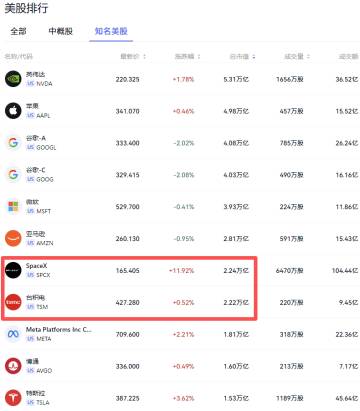 SpaceX大涨12%总市值升至2.23万亿美元 超越台积电